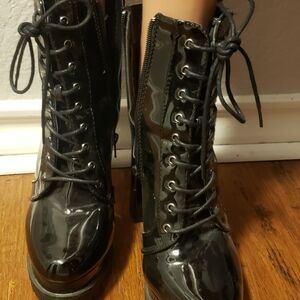 Wild Diva Glossy Black Lace-Up Boots